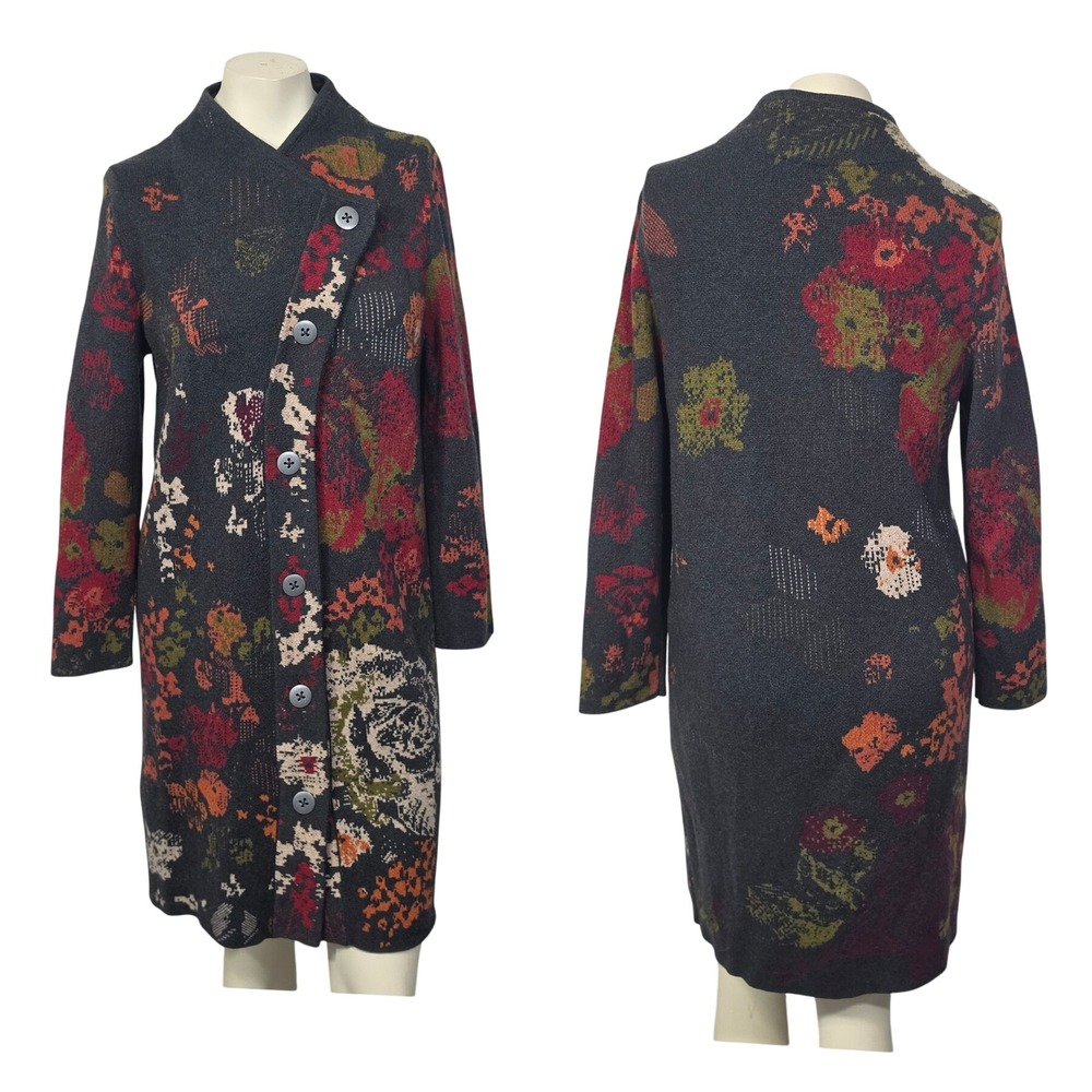 J. Jill Cardigan Sweater Womens XS Petite Grey Floral Wool alpaca longfolk art